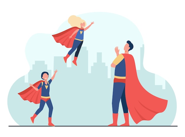 Free Vector happy superhero father with kids in super costumes. cartoon illustration