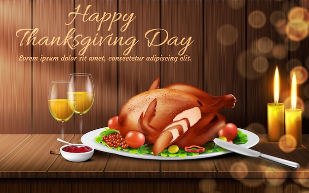 Free vector happy thanksgiving day background. traditional holiday dinner, roasted turkey with vegetables