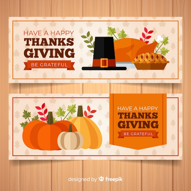 Happy thanksgiving day banner set with food and pumpkins