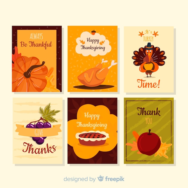 Free Vector happy thanksgiving day card collection in hand drawn style