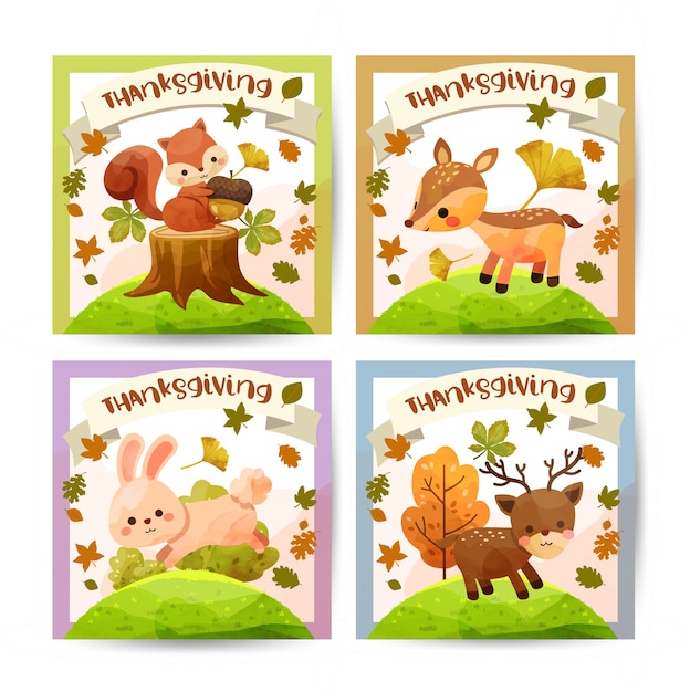 Happy Thanksgiving Day card with squirrel, bear, rabbit and deer.