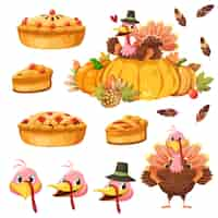 Free vector happy thanksgiving day icon with turkey, pumpkin, and pie