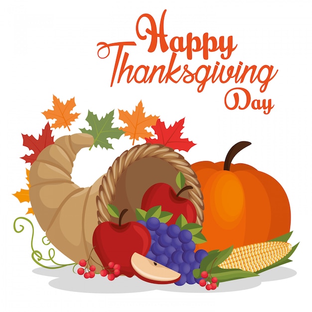 happy thanksgiving day postcard vegetable fruit leaves autumn