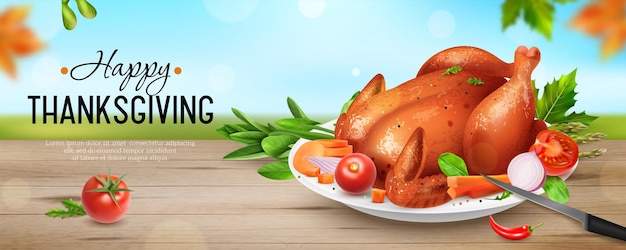 Free Vector happy thanksgiving day realistic horizontal poster with fried turkey or chicken with garnish on plate vector illustration