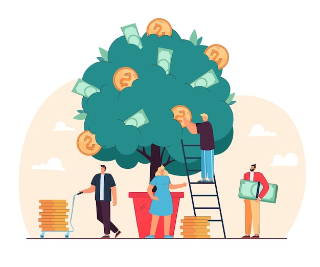 Free Vector happy tiny people growing money tree isolated flat illustration