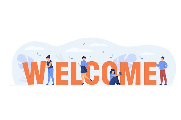 Happy tiny people near huge welcome word flat illustration.