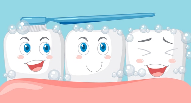 Happy tooth brushing itself with a toothpaste on blue background