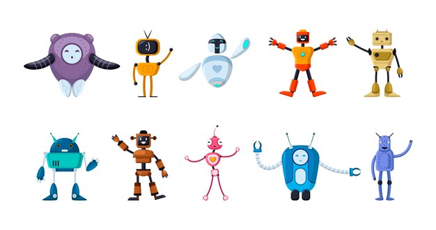 Happy toy robot cartoon characters flat vector illustrations set. Cute old and futuristic bots waving, childish cyborgs or assistants for kids on white background. Childhood, AI, technology concept