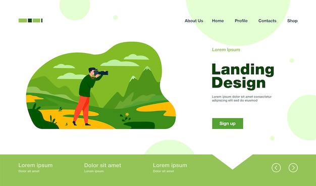 Happy travel photographer taking picture of nature landing page in flat style