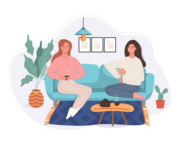 Free Vector happy two women sitting in the couch drinking coffee and talking at home. smiling character spending time together. 