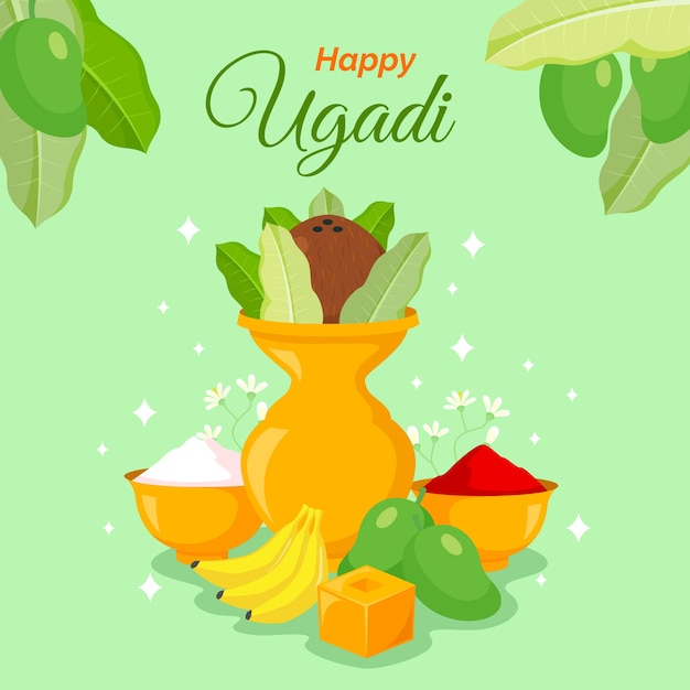 Happy ugadi indian vase with fruit and colourful powder