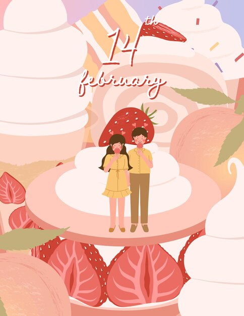 Happy Valentine's day card with cute couple and dessert illustration