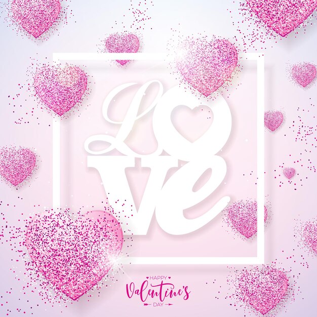 Happy Valentines Day Design with Glittered Heart and Love Typography Letter on Light Pink Background