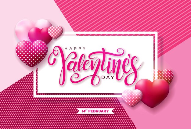 Happy Valentines Day Design with Red and White Heart and Typography Letter on Pink Background