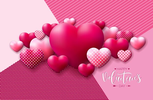 Happy Valentines Day Design with Red and White Pattern Heart and Typography on Pink Background