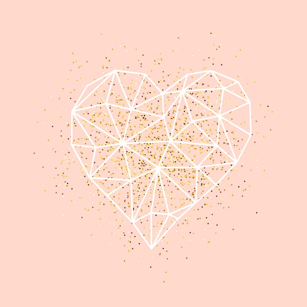 Free Vector happy valentines day love greeting card with white low poly style heart shape in golden glitter background. vector illustration eps10