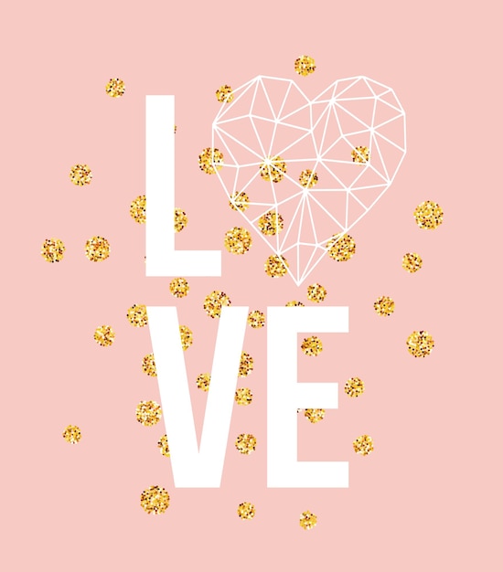 Happy valentines day love greeting card with white low poly style heart shape in golden glitter background. Vector illustration EPS10