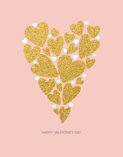 Free vector happy valentines day love greeting card with white low poly style heart shape in golden glitter background. vector illustration eps10