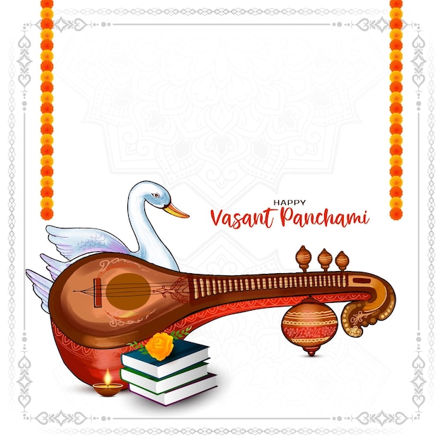 Free Vector happy vasant panchami cultural indian festival card with veena illustration