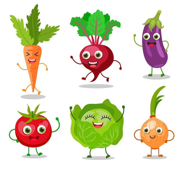 Happy vegetable cartoon characters vector illustrations set. Cute veggies with faces, hands and legs, onion, beet, carrot, cabbage, tomato isolated on white background. Healthy food, garden concept