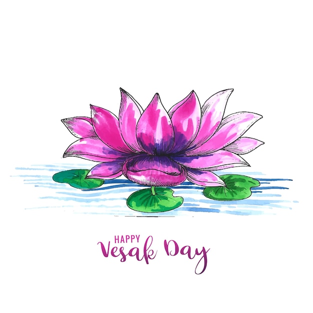 Happy Vesak on lotus flower greeting card background