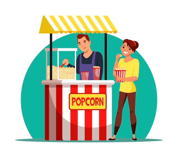 Free vector happy woman buying popcorn at street food market shop smiling girl snacking outdoor sales man servicing customer selling snack to buyer