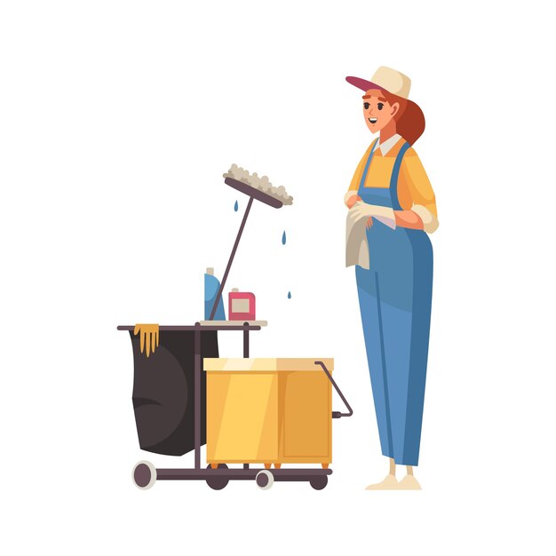 Free Vector happy woman cleaner with tools for cleaning and washing flat icon