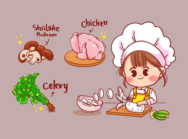 Happy woman Cute chef cooking food in the kitchen. cartoon art illustration