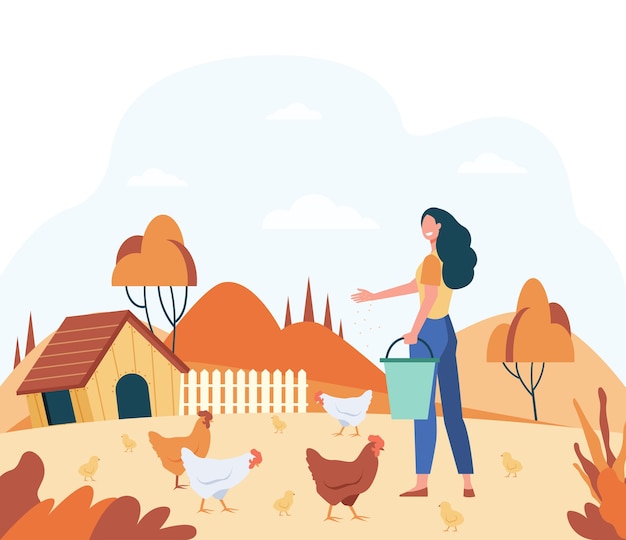 Free vector happy woman feeding domestic birds flat vector illustration. cartoon female farmer breeding hens and roosters at country. chicken farm and agriculture concept