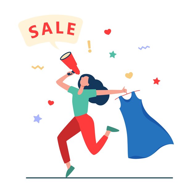 Happy woman holding dress for sale. Clothes, loudspeaker, girl flat vector illustration. Shopping and promotion