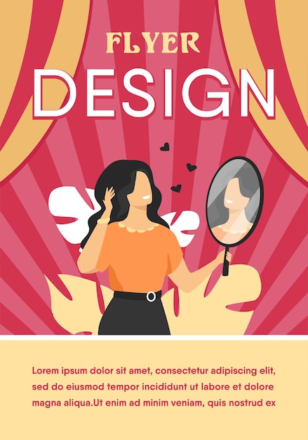 Free Vector happy woman looking at herself in mirror. female character admiring her reflection. flyer template