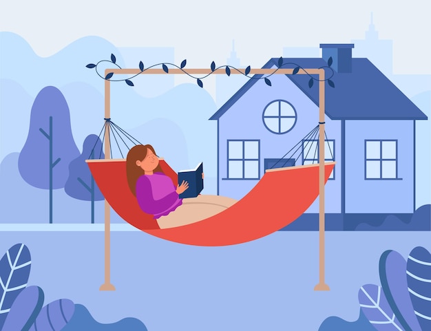 Free Vector happy woman reading book in hammock in backyard. girl relaxing outside in summer, house in background, exterior flat vector illustration. leisure, holiday concept for banner or landing web page