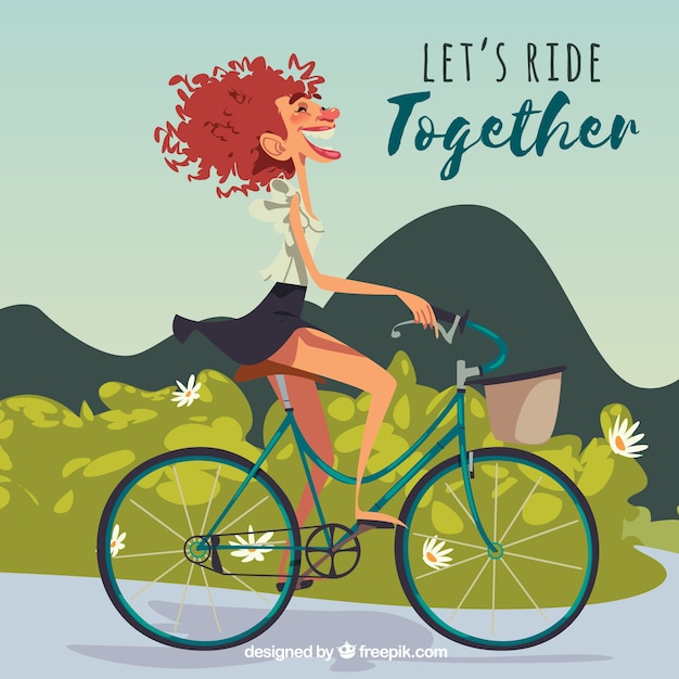 Free vector happy woman riding bike in the nature