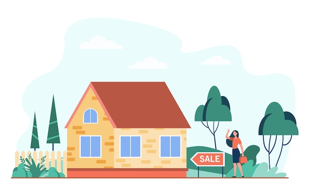 Happy woman standing near house for sale flat vector illustration. Cartoon real estate agent or home seller presenting cottage. Mortgage and building concept