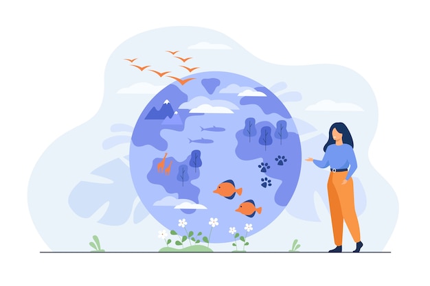 Happy woman standing and pointing on globe with flora and fauna diversity flat illustration.