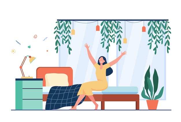 Free Vector happy woman waking up in morning. person sitting on bed and stretching arms.