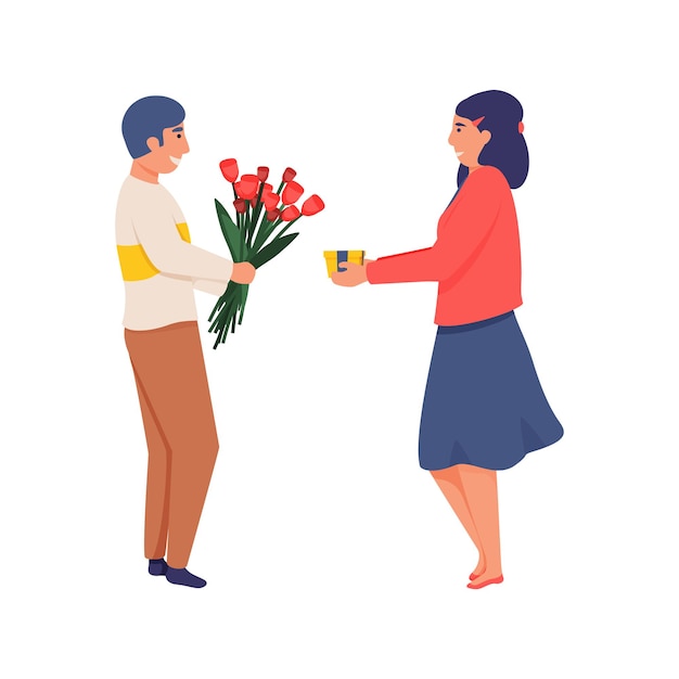 Happy woman with present box and man with bunch of flowers exchanging gifts flat isolated  illustration