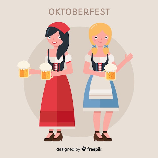 Happy women celebrating oktoberfest with flat design