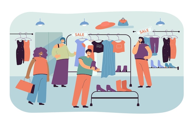 Happy women choosing clothes in store flat illustration.