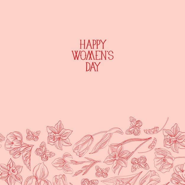 Happy women's day greeting card with many flowers to the right of red text with greetings vector illustration