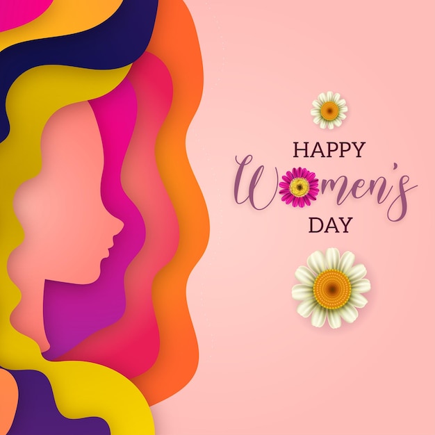 Happy Womens Day Greetings Purple White Flowers Light Pink Yellow Background Social Media Design Banner