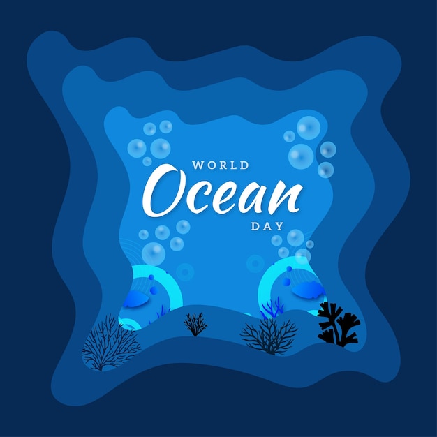 Free Vector happy world ocean day blue white black background social media design banner free vector