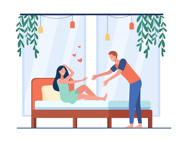 Free Vector happy young couple flirting at bedroom