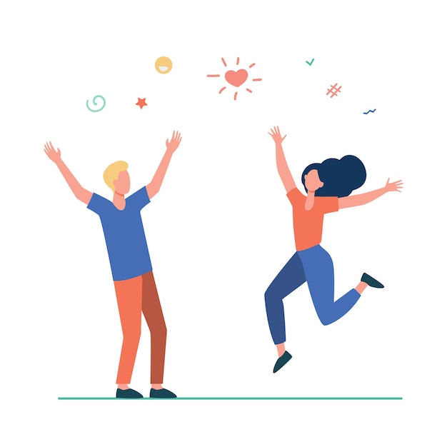 Happy young couple having fun. Girl and guy dancing at party, celebrating good news flat illustration.