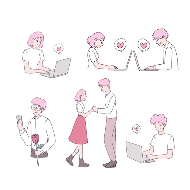 happy young girl and boy in love illustrations set