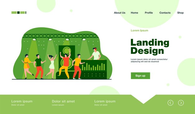 Happy young people dancing in club landing page in flat style