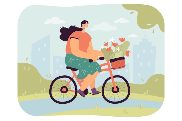 Free Vector happy young woman riding bike with bouquet of flowers in basket. cute girl on bicycle trendy flat vector illustration. outdoor activity, healthy lifestyle concept for banner or landing web page