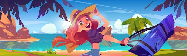 Free vector happy young woman in straw hat with bag on sea or ocean sandy beach with palm trees cartoon vector landscape of summer tropical shore with smiling girl on vacation seashore resort and holidays