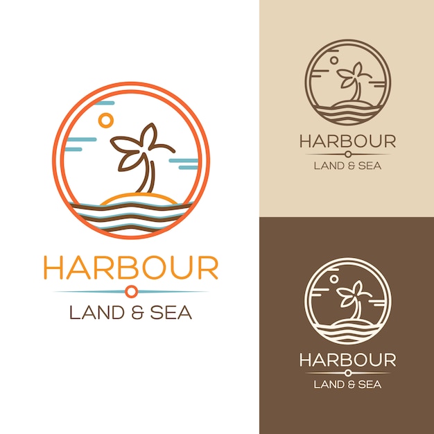 Harbour. Land and Sea. illustrations set with palm on the island