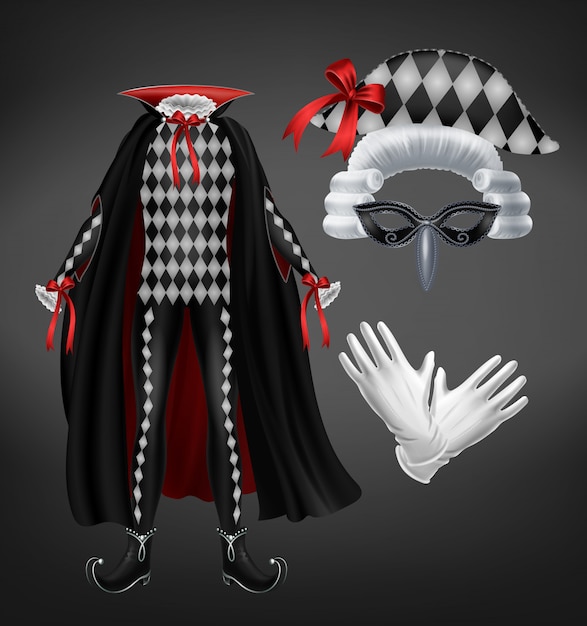 Free Vector harlequin costume with cape, starched wig, mask and white gloves isolated on black background. 